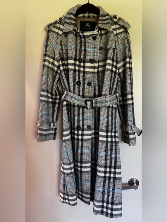 Burberry Jackets & Blazers - Burberry Black White Gray Plaid Trench Coat with Light Blue Accents